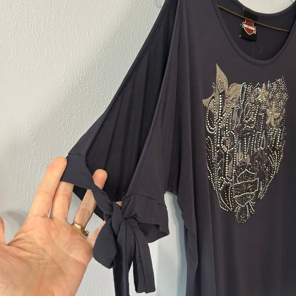 Harley-Davidson Rhinestone Embellished Split Tied Sleeve Women's Sz XL - Picture 3 of 13